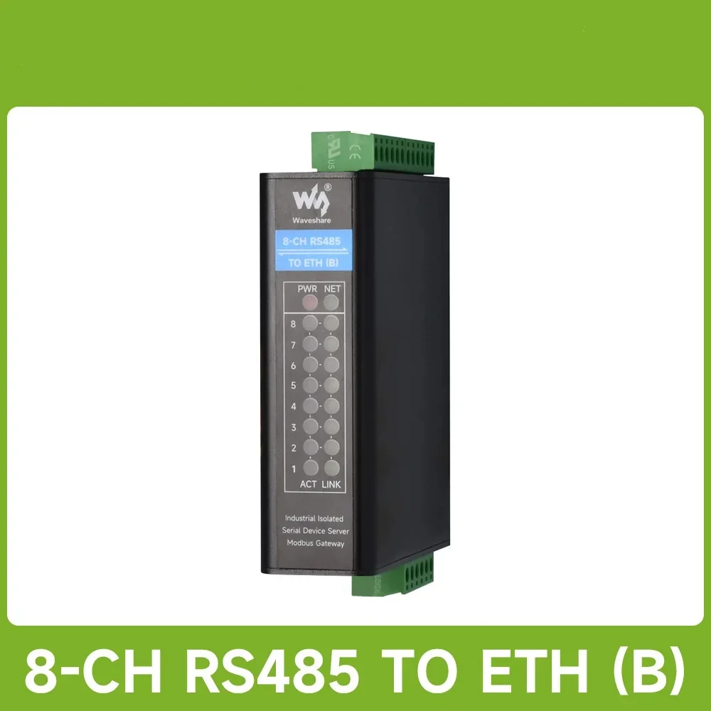 Waveshare 8-Ch RS485 to RJ45 Ethernet Serial Server, 8 Channels RS485 Independent Operation, Optional PoE Function Rail-mount