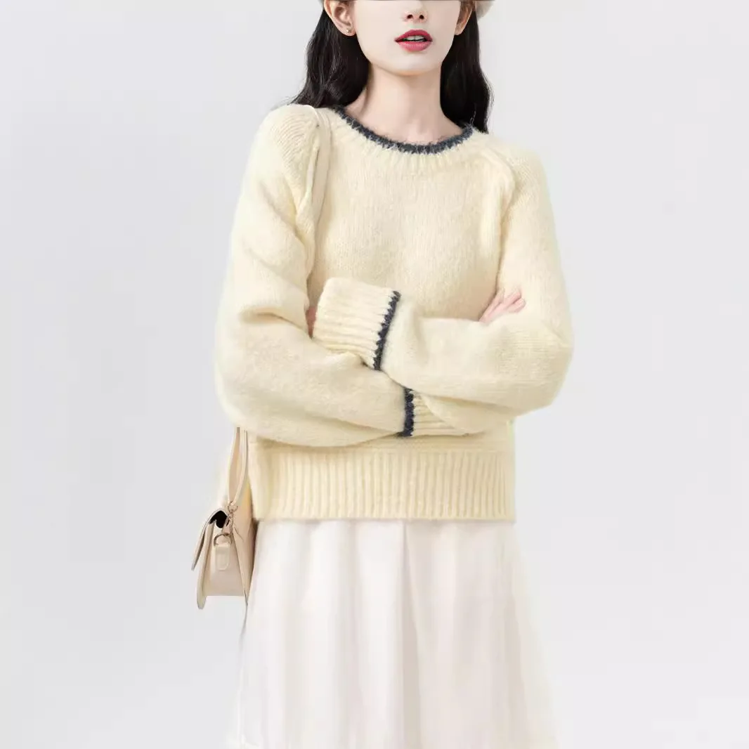 

Women's Soft Cozy Overhead Top Trendy Autumn Winter New Style Korean Version Loose Fit Color Block Design Knitted Sweater