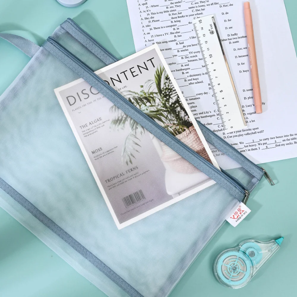 Double-Layer Storage Pouch Breathable Mesh Zipper Pencil Bag with Handle A4/A5 Document Storage Bag for School Office Games