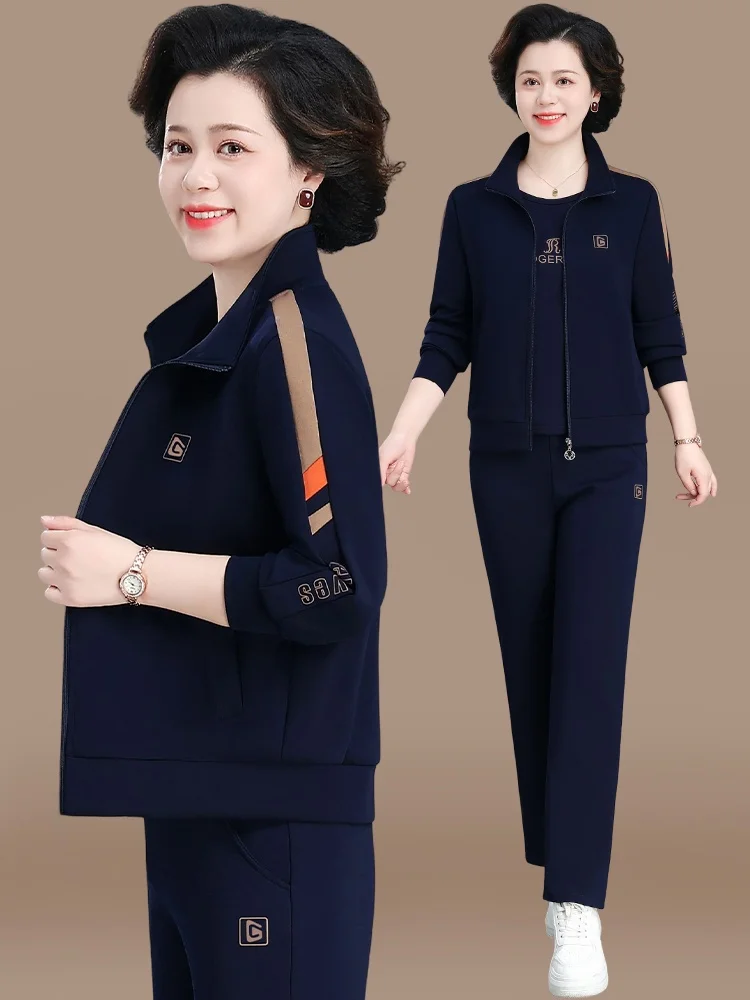 

Chic Casual Autumn Outerwear Set for Middle-Aged Women Large Size Loose Fit Long Pants Zipper Closure Neline Regular S...
