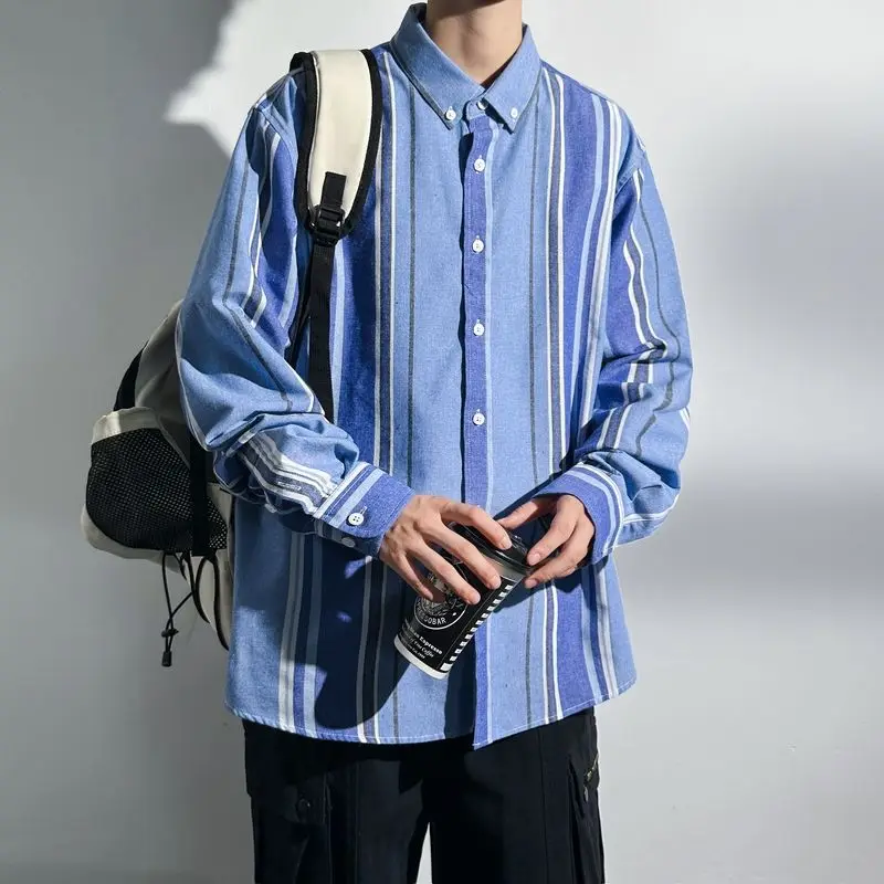 Spring Autumn Men's 2024 New Splicing Square Collar Button Stripe Fashion Minimalist Casual Loose All-match Long Sleeve Shirts