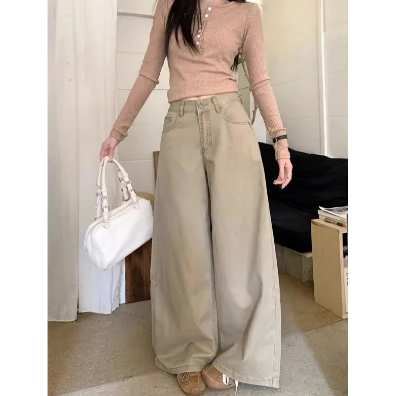 

American Retro Khaki High Waist Wide Leg Jeans Women's Loose Fitting Straight Long Pants Floor Length Y2K Korean Style Slimming
