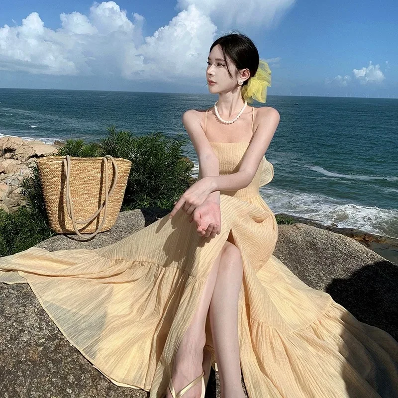 

Summer Yellow Beach Robe Long Dress For Women Sling Sleeveless Beach Vacation Maxi Vestidos Elegant Evening Party Split Dress