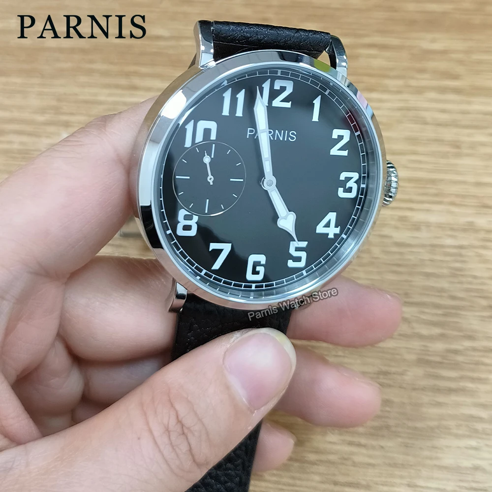 Parnis 46mm Hand Winding White Arabic Numeral Markers Men's Causal Watch Stainless Steel Case Small Second