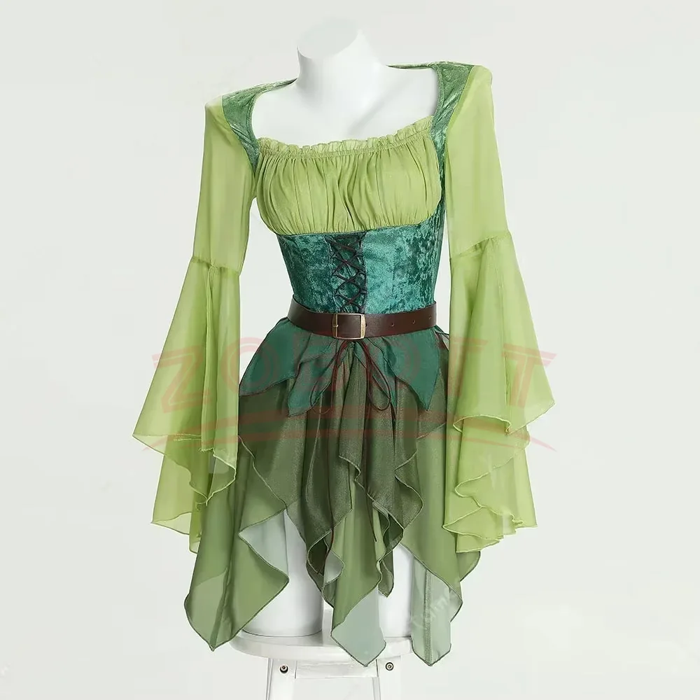 Women's Elf Medieval Green Fairy Dress Magical Elf Dress and Belt with Wings Halloween Cosplay Costumes Elf role-playing costume