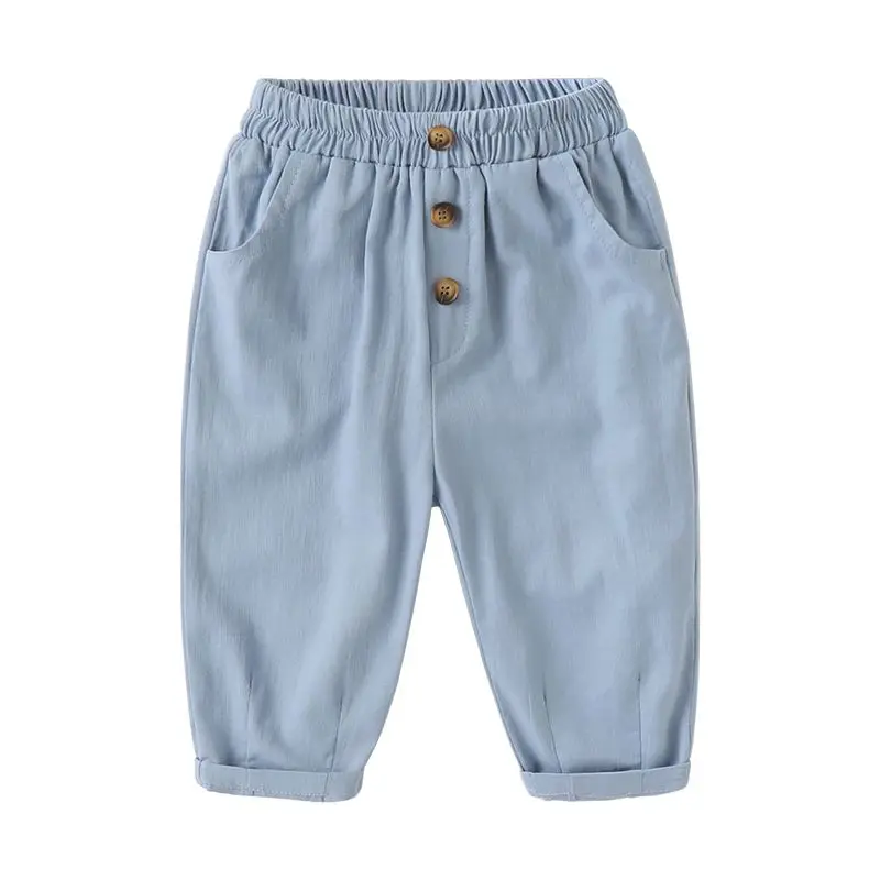 2023 Summer Thin Kids Clothing Mosquito Prevention Thin Cotton Boys Solid Color Elastic Waist Spliced Button Pocket Trend Pants