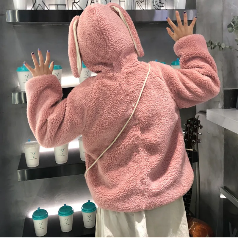 Autumn Winter Women Kawaii Rabbit Ears Plush Thicken Hoodie Faux Fur Casual Soft Warm Fluffy Embroidery Sweatshirt With Mini Bag