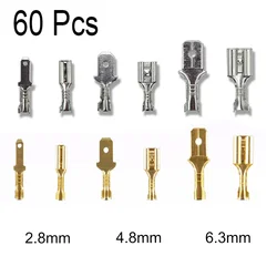 60Pcs Terminal Electrical Connectors 2.8/4.8/6.3mm Butt Splice Lug Terminals for Wire 12awg Crimp Cable Eletrico Car Accessories