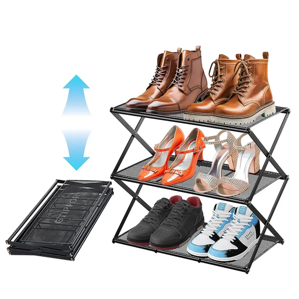 

Small Shoe Ra For Entryway - 3 Tier Shoe Organizer Metal Foldable Shoes Storage Rack, Zero Tool Install, Sturdy Shoe Ra For