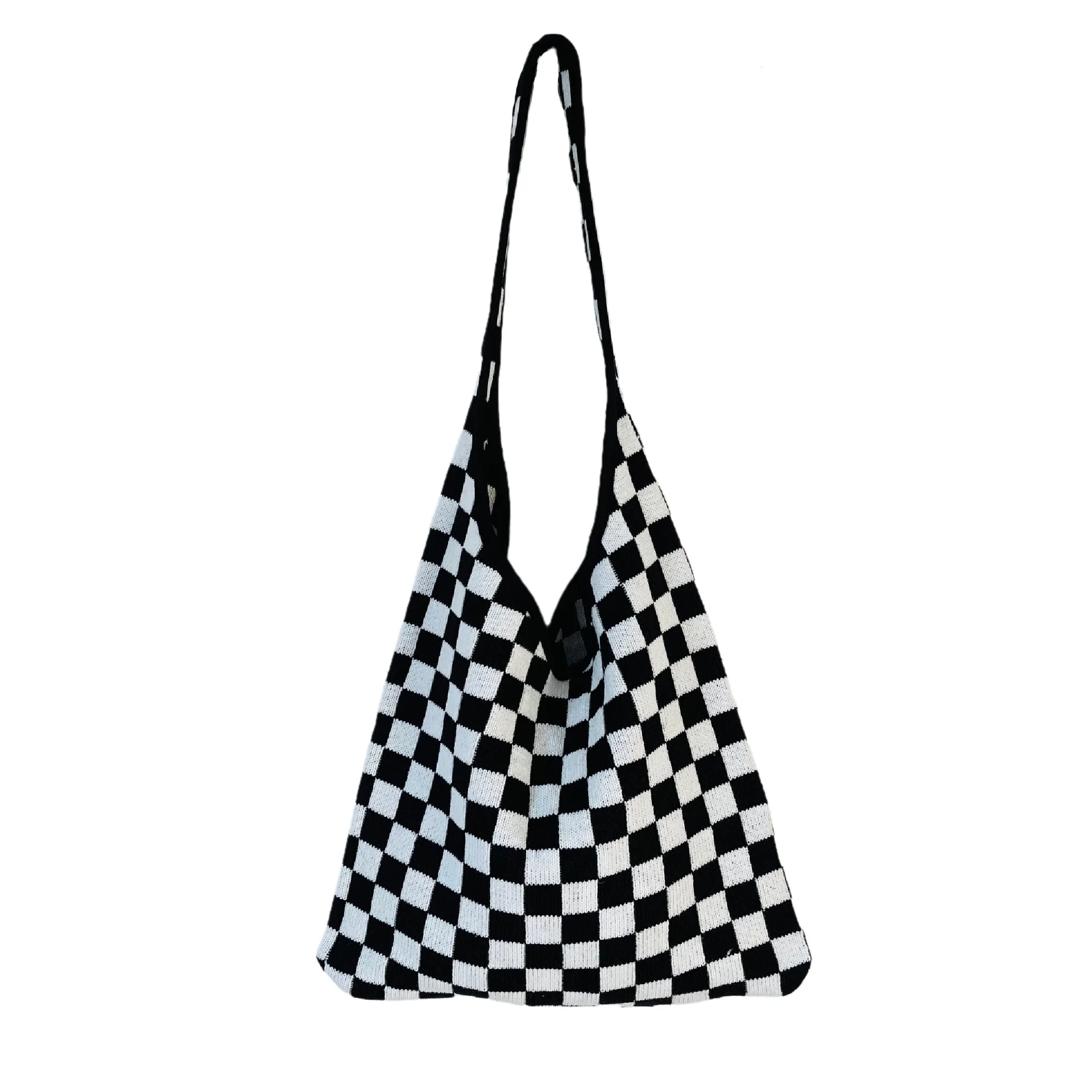 Knit Handwoven Black and White Checkerboard Shoulder Eco Bag Plaid Long Strap Retro Vintage Fashion French Minimalism Style Tote