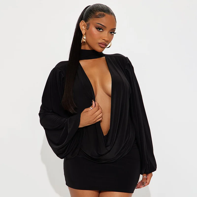 Abito con scollo a V senza schienale Abiti da donna Autunno Inverno Lanterna T-shirt a maniche lunghe Mini gonna aderente Set coordinati in due pezzi