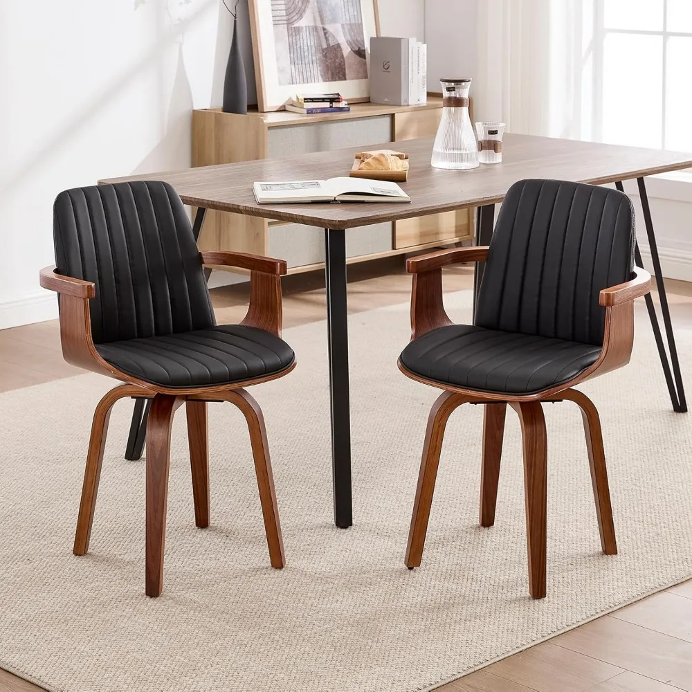 

Dining Chairs Set of 2 - Mid Century Modern Swivel Kitchen Chairs for Dining Room, Upholstered PU Leather Chairs with Wooden Arm