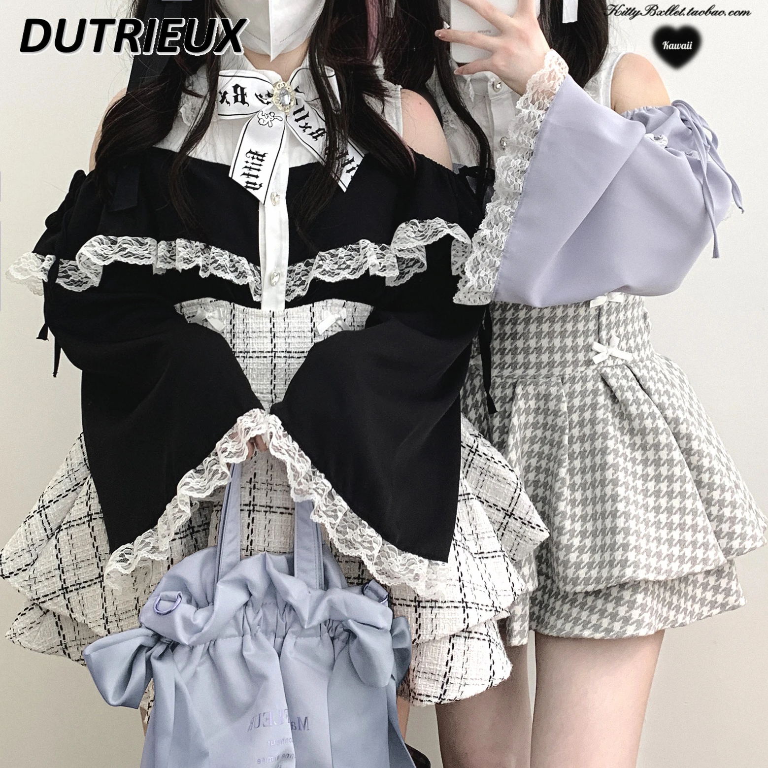 Japanese Original Love Gem Ribbon Horn Long-sleeved Women Tops Sweet Girls Lace Blouse Off-the-shoulder Mine Cute Shirt