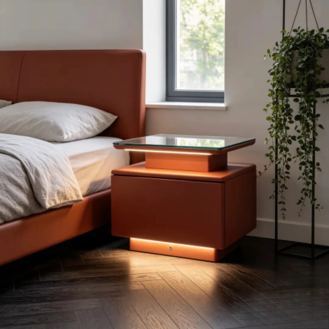 Modern creative tempered glass countertop bedside table LED light strip, double suction function, environmentally friendly