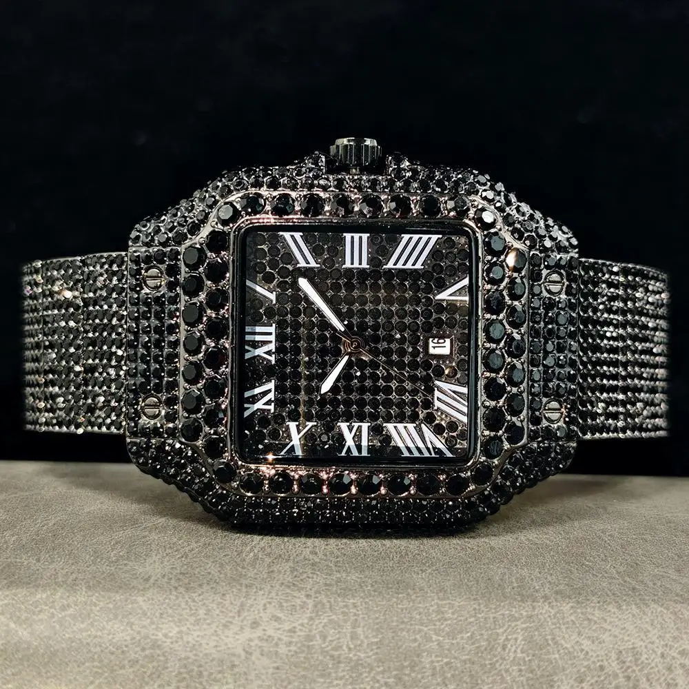 Cool Black Ice Watch For Men Brand UNIGUET Luxury Stainless Steel Quartz Timepiece Man Hip Hop Diamond Square Wristwatch New