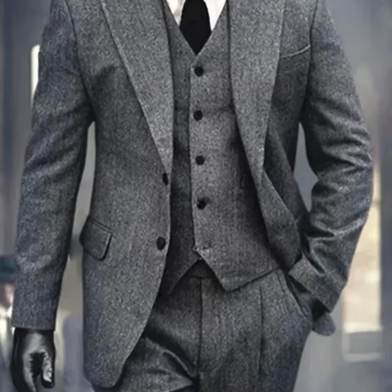 3 Pieces Men\'s Grey Herringbone Suits Formal Slim Fit Peak Lapel Tweed Prom Tuxedos For Wedding Groomsmen (Blazer+Vest+Pants)