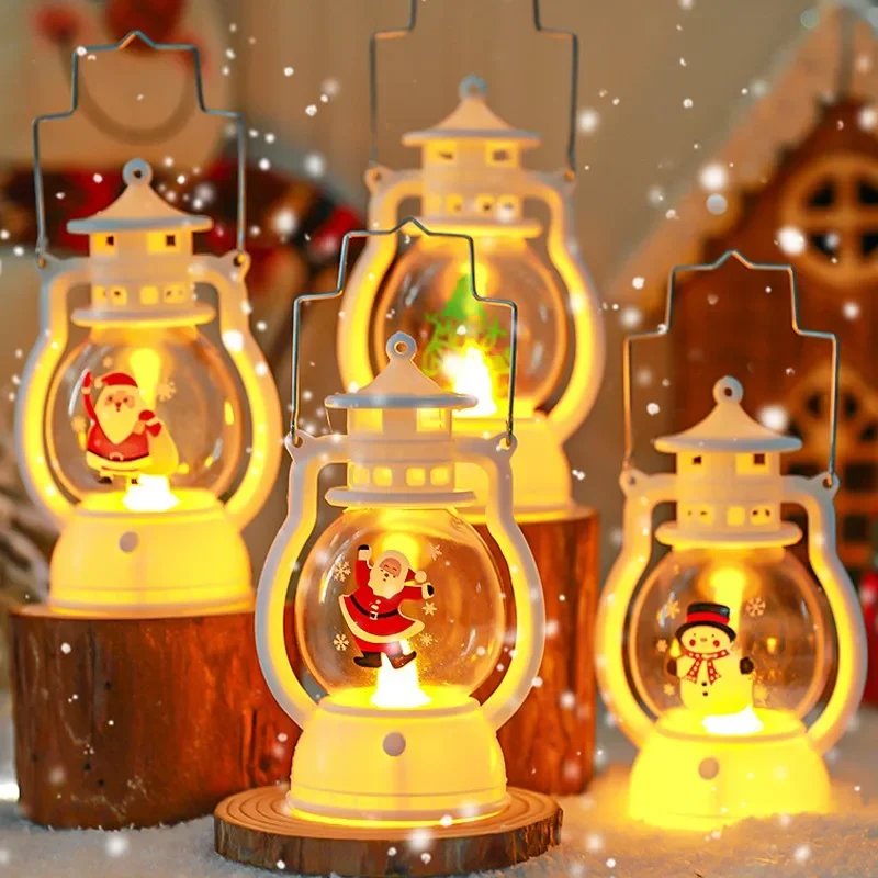 Christmas Portable Lantern LED Night Light Hanging Ornaments Santa Claus Snowman Oil Lamp Battery Operated Xmas New Year Gifts