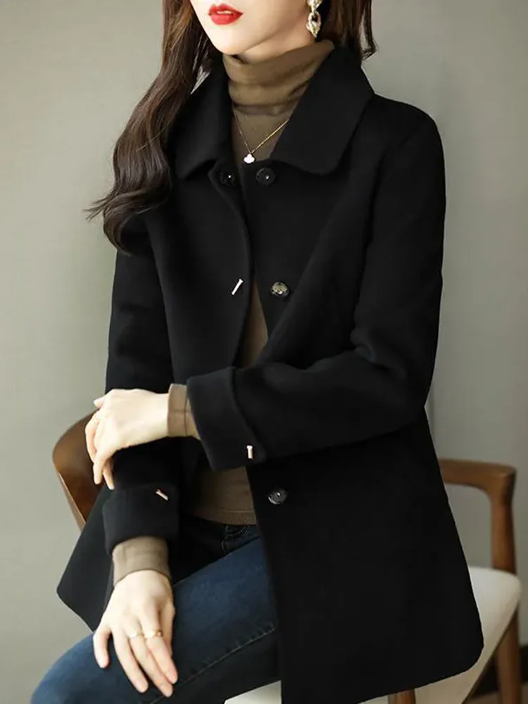 Women Woolen Lapel Casual Jackets Fall Winter New Single Breasted Loose Coats Tops Elegant Long Sleeve Wool Blend Abrigos Blusas