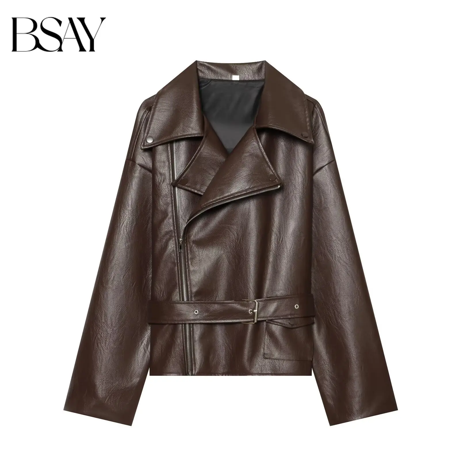 BSAY 2026 Fashion Elegant Solid Faux Leather Jacket For Women Lapel Adjustable Belt Loose Cropped Outer Coat Commute Streetwear
