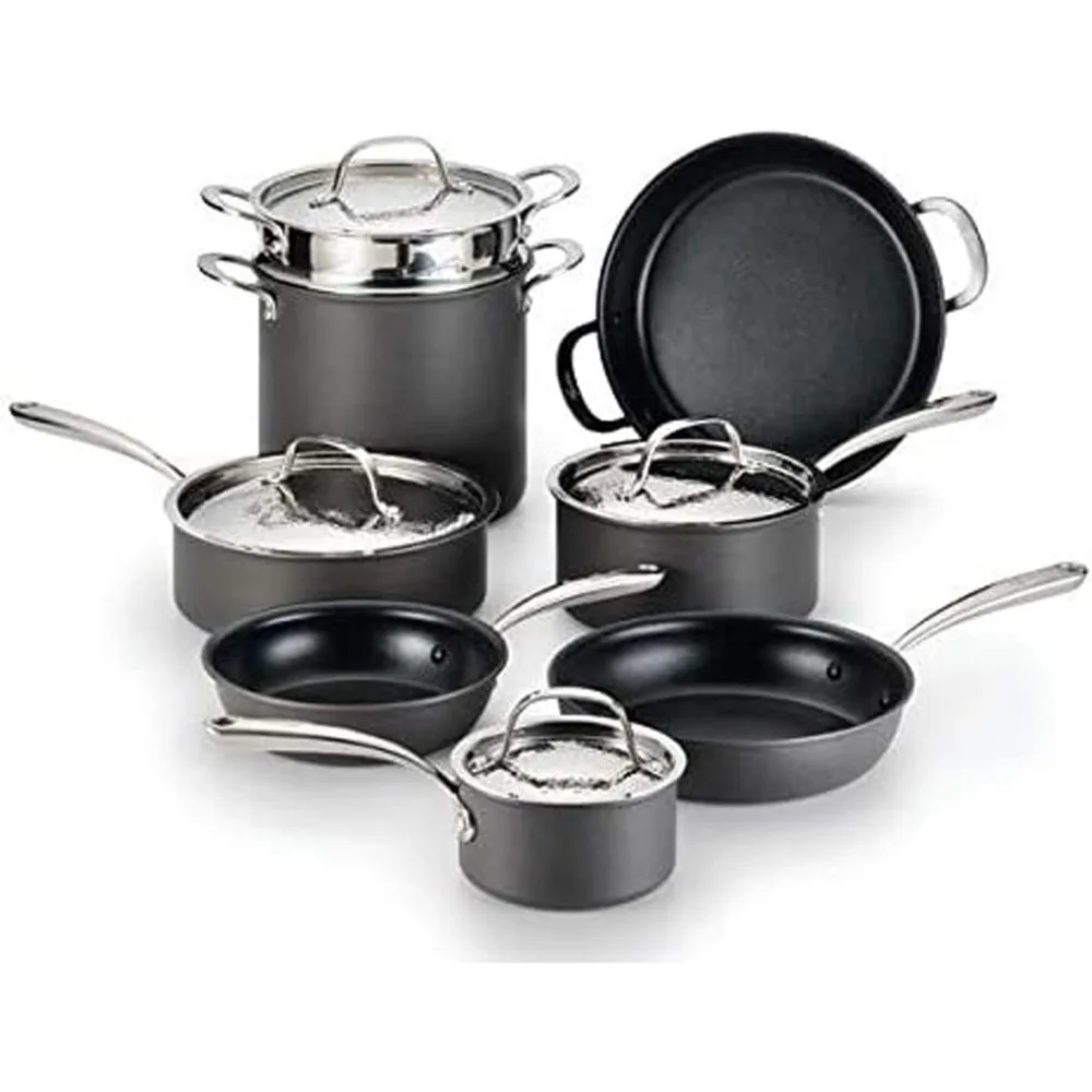 Nera Hard Anodized Nonstick 12-Piece Cookware Set with Hammered Stainless Steel Lids, Dishwasher Safe,Grey