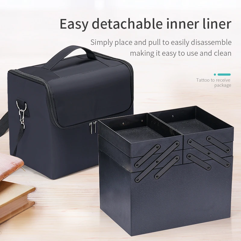 Image of Großer Make-up-Koffer für Damen, Reisetasche, Aufbewahrungsbox, 4-stufiger professioneller Nagel-Organizer-Koffer mit verstellbaren Fächern