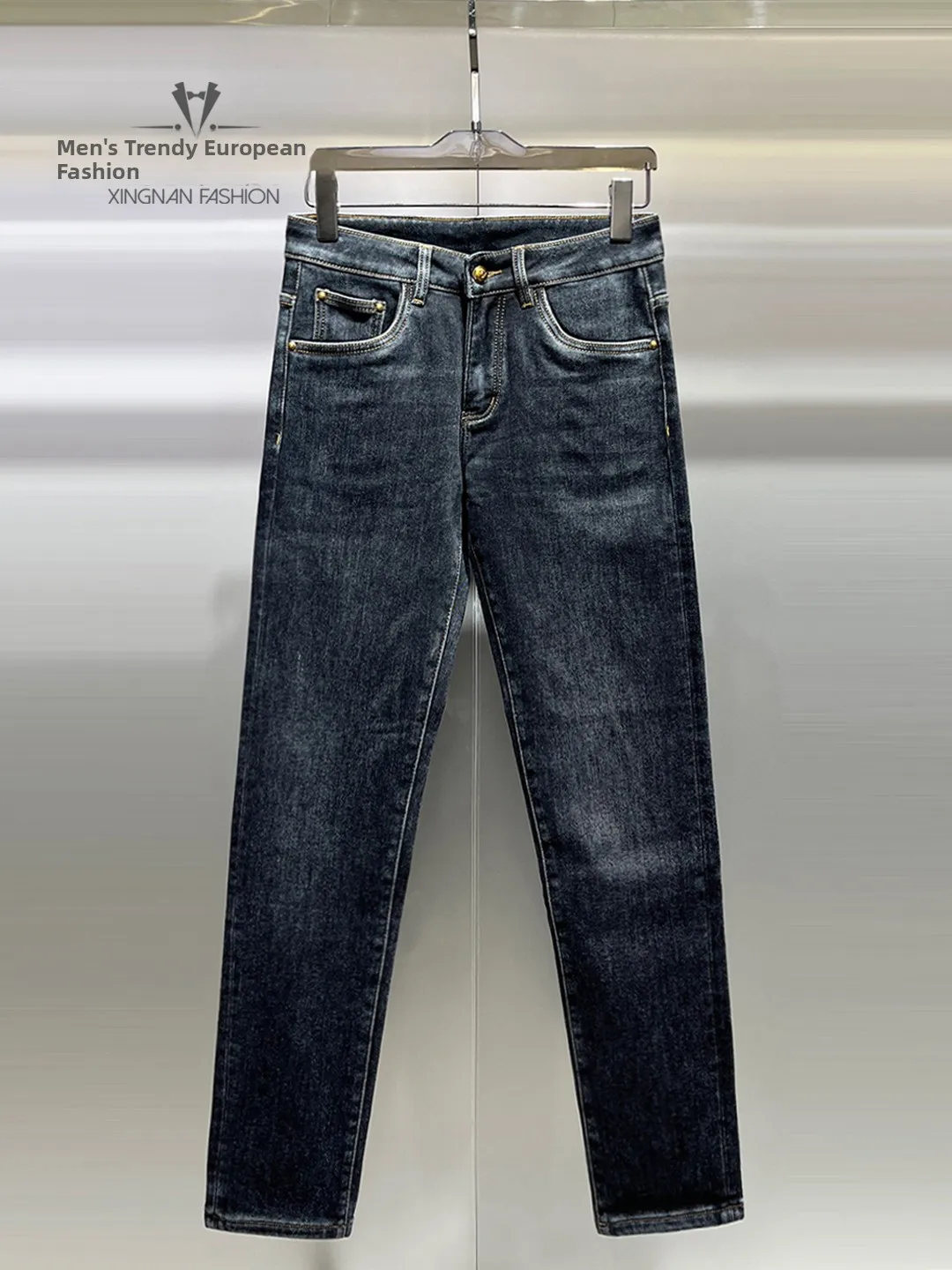 

Slim Fit Men's Fce Lined Denim Jeans Pure Color Versatile Autumn Winter Faion Casual Sle mid Waist Zipper Closure