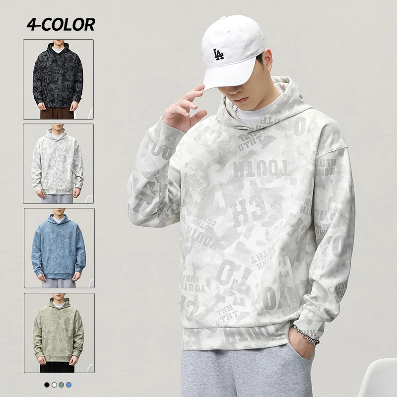 Suede Sweater for Men 2024 Autumn and Winter New Loose Street Trend Fashion Printed Casual Long-Sleeve T-shirt Hooded Clothes