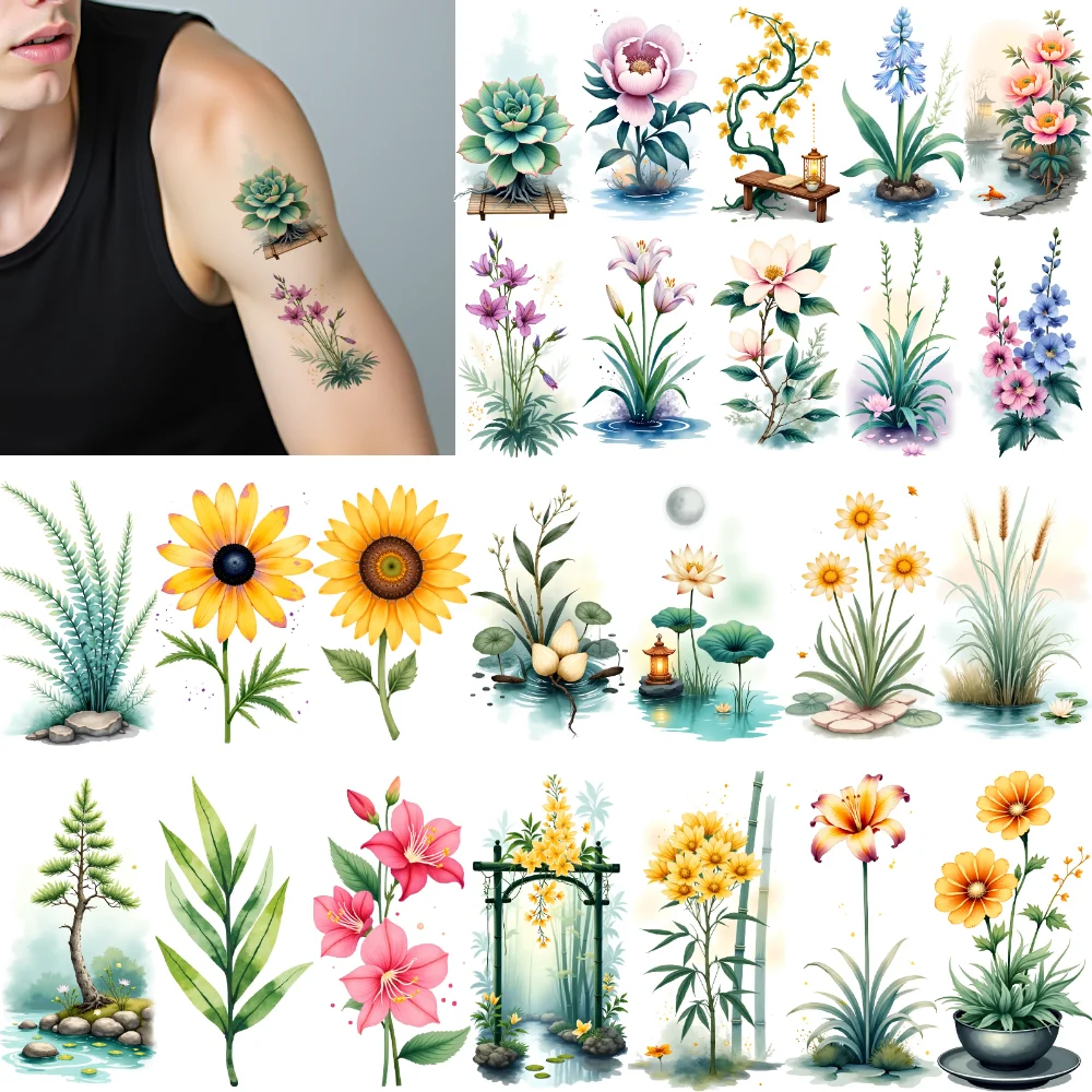 

9pcs Temporary Tattoo Decorative Flowers Watercolor Garden Flowers Waterproof Long-lasting Body Stickers For Girls Chest