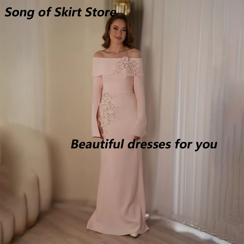 

Elgant Pink Evening Dress Customized Off The Shoulder Long Sleeves Sequined Appliqued Party Gown Long Mermaid Prom Dresses