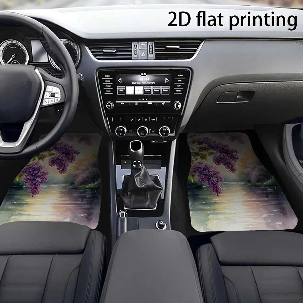 4pcs Car Floor Mats, Featuring A Lilac And Willow Watercolor Design, Universal Fit For Automotive Floor Mats, Made Of Polyester