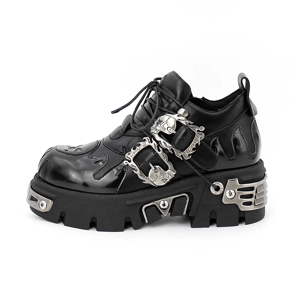 Retro Rock Shoes for Women New Dark Punk Leather Shoes Metal Niche Low Top Chunky Heels Women\'s Platform Motorcycle Short Boots