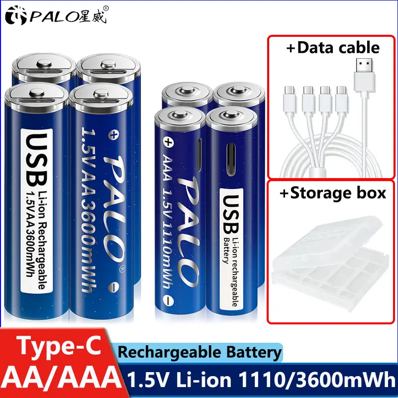 PALO 1.5V Li-Ionen AA AAA USB Wiederaufladbare Batterie AA 3600mWh / AAA 1110mWh Lithium-Ionen-Batterien für Spielzeug Uhr MP3 Player Thermometer + Typ-C Kabel