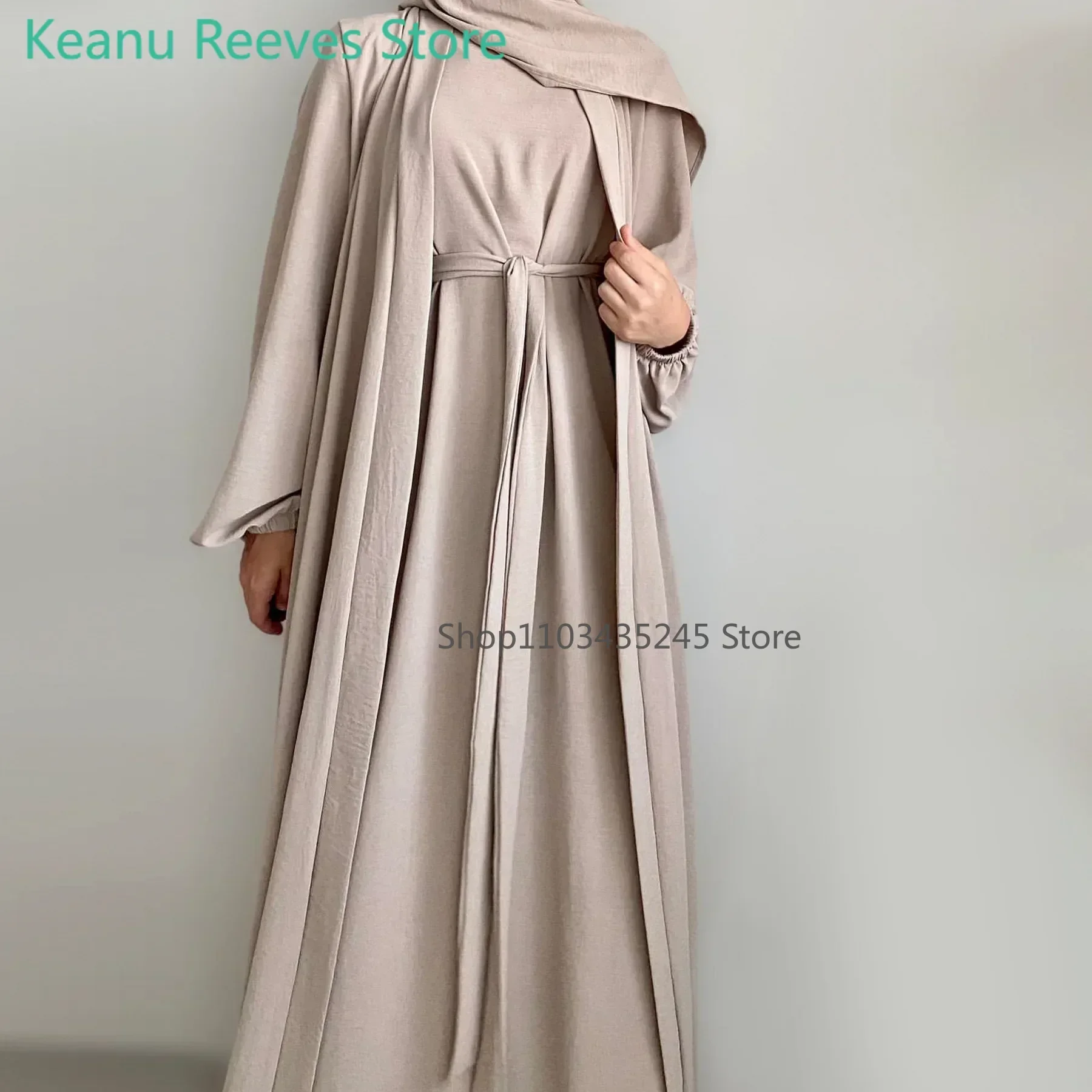 2 Piece Abaya Kimono + Inner Dress Matching Muslim Set Women Dubai Luxury Ramadan Balloon Sleeve Wrinkles Islamic Outfit Kaftan