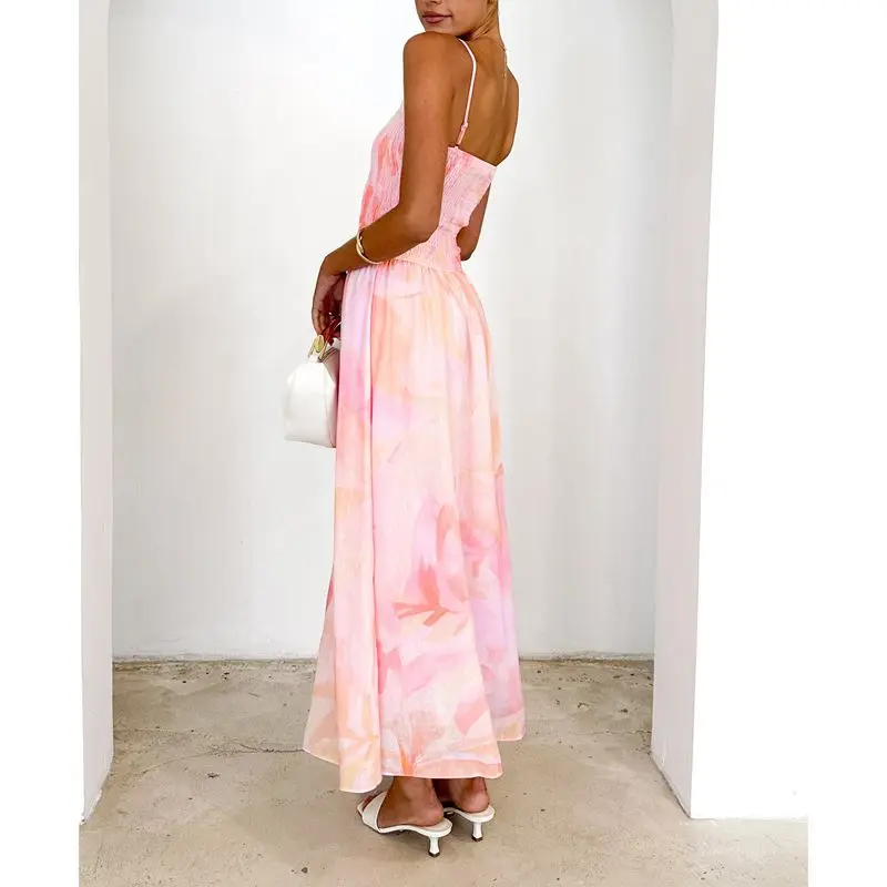 Abito estivo da donna senza maniche con apertura sul retro, spalline sottili, stampa floreale tie-dye, abito da spiaggia lungo a trapezio con smock