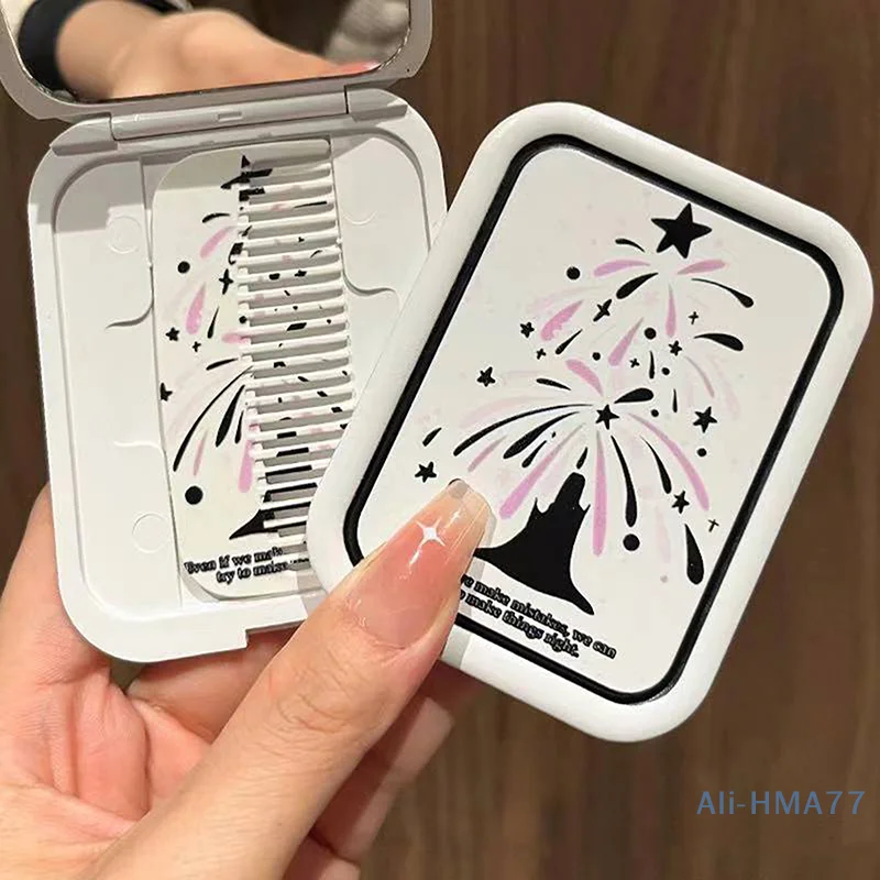 Cartoon Fireworks Pattern Flip-Top Folding Makeup Mirror Portable Pocket Mirror Rectangle Cosmetic Mirror With Comb For Women