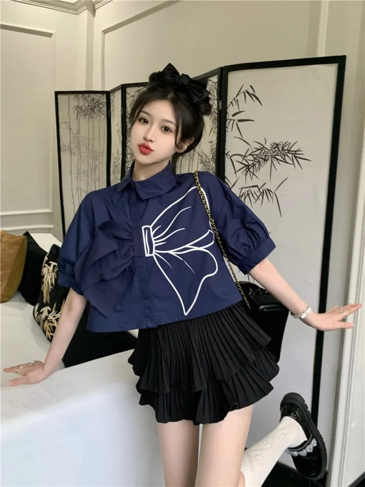 Hikigawa Chic Fashion Sweet Girls Bow Patchwork Puff Long Sleeve Blouse Women Vintage Elegant Print Short Shirts Tops Ropa Mujer