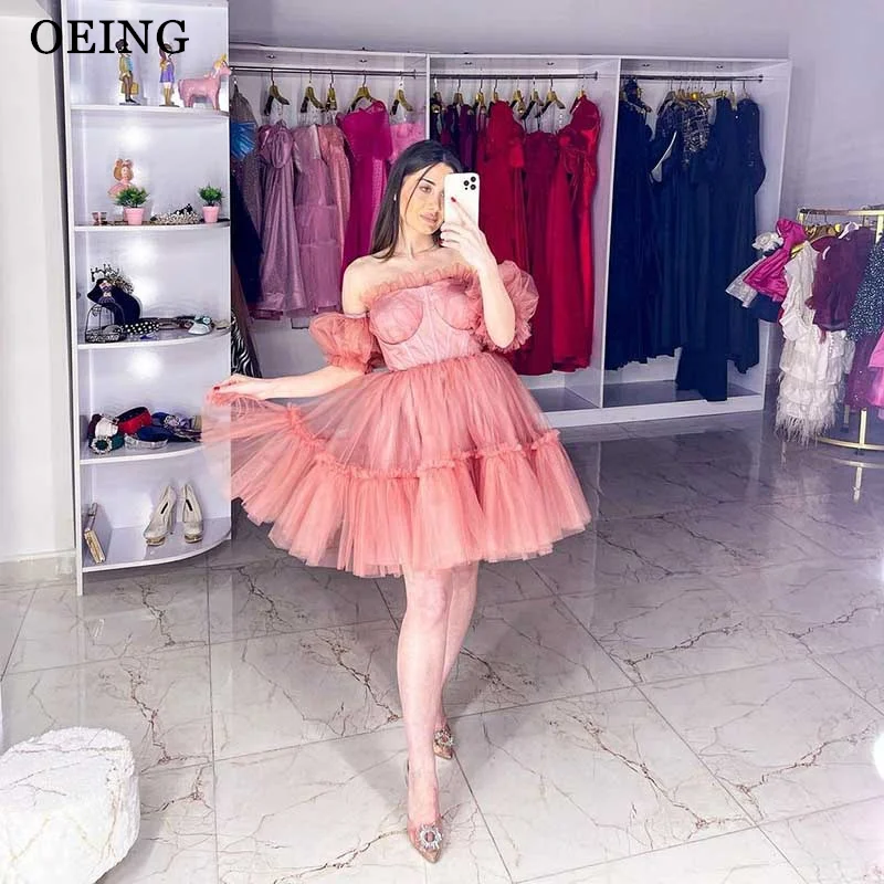 

OEING Blush Pink Tulle Prom Dresses Sweetheart Ruffles Tulle Evening Gowns Short Formal Party Graduation Vestidos De Novia