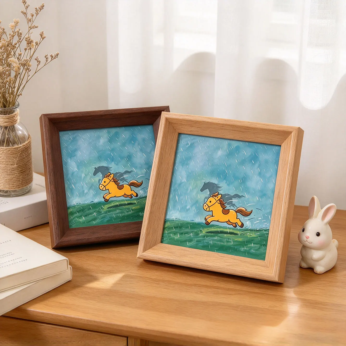 Framed Cute Running Horse Tabletop Art, Cartoon Pony in Rain Wooden Picture Frame, Desktop Ornament for Bedroom Study Home Decor