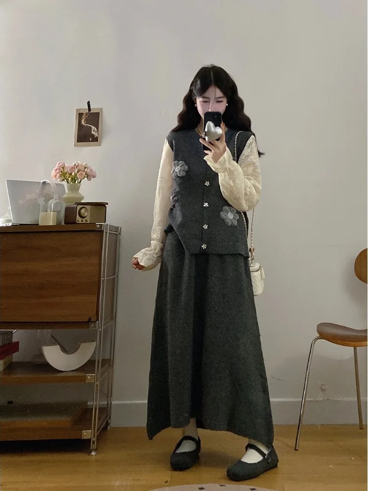 

plus Size Fashionable Knitted Lace Patchwork Top And Midi Skirt Set Women's Autumn New Style Commute High Waist A-Line Skirt