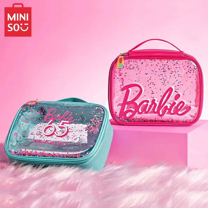 Kawaii Miniso Barbie Cosmetic Bags Cute Daylight Shine Series Girls Portable Travel Transparent Waterproof Toiletries Bag