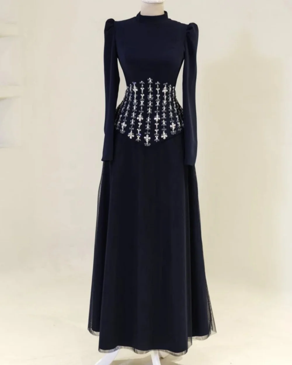 

Customized Classic Women Jersey Beading Rhinestone A-Line Evening Dress Formal High Collar Long Sleeves Floor Lenght Party Gowns