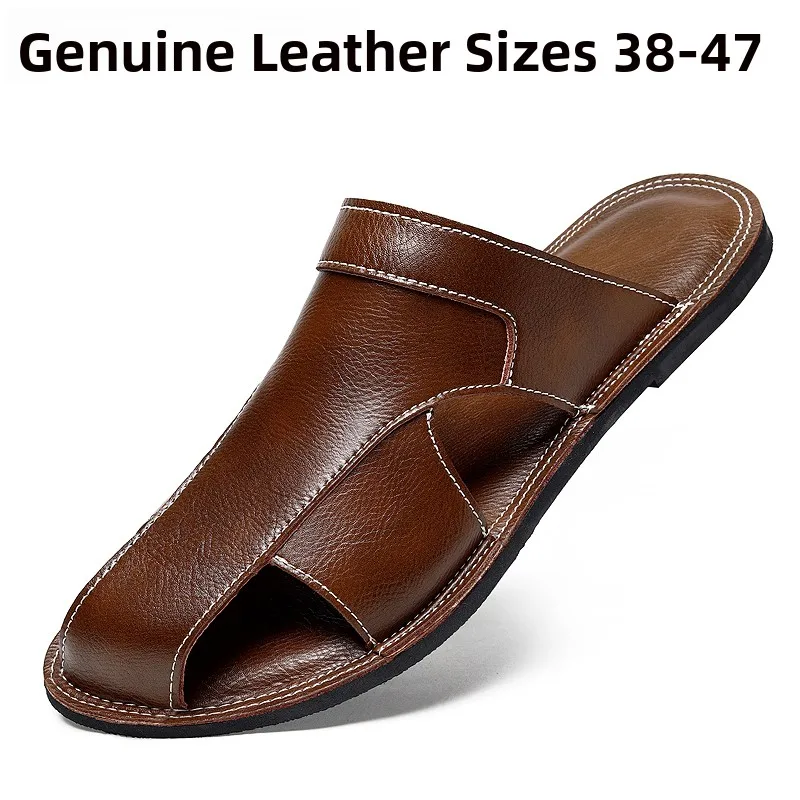 

Мужские кожаные тапочки ручной работы, летние, новые, удобные, дышащие, на низком каблуке, с резиновой подошвой, повседневные сандалии для вождения