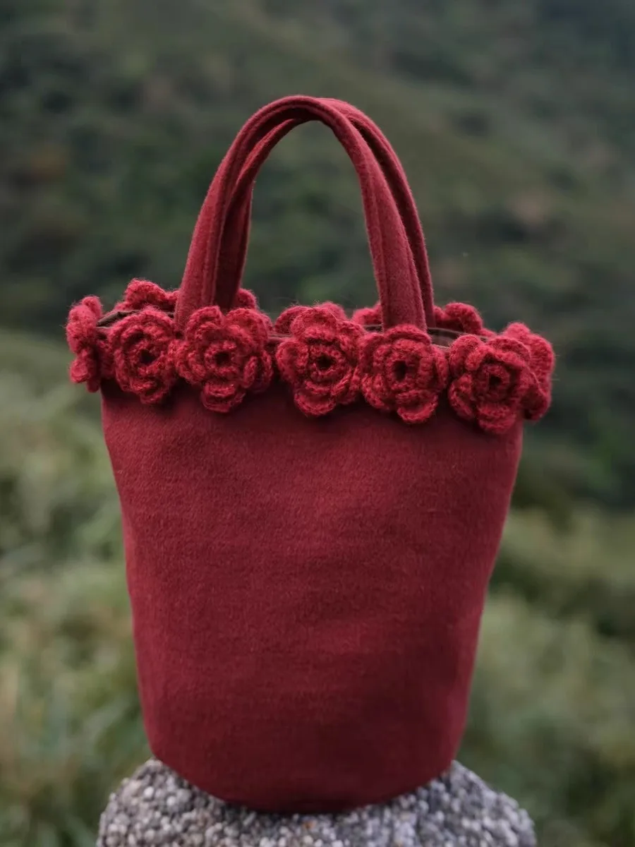 

Элегантная красная сумка-ведро ручной работы с цветочным декором, уникальный дизайн с удобными ручками, свадебные сумки для девочек, китайский красный цвет