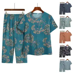 Ladies Pajamas Suit Stylish Mid-aged Grandmother Homewear Set Floral Print Pajamas with Wide Leg Trousers Elastic Waist