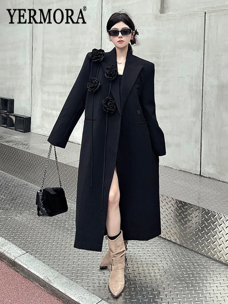 

YERMORA женский черный повседневный длинный пиджак с цветочной лентой, пальто свободного покроя с лацканами, новый модный Тренч, осень-зима 2025