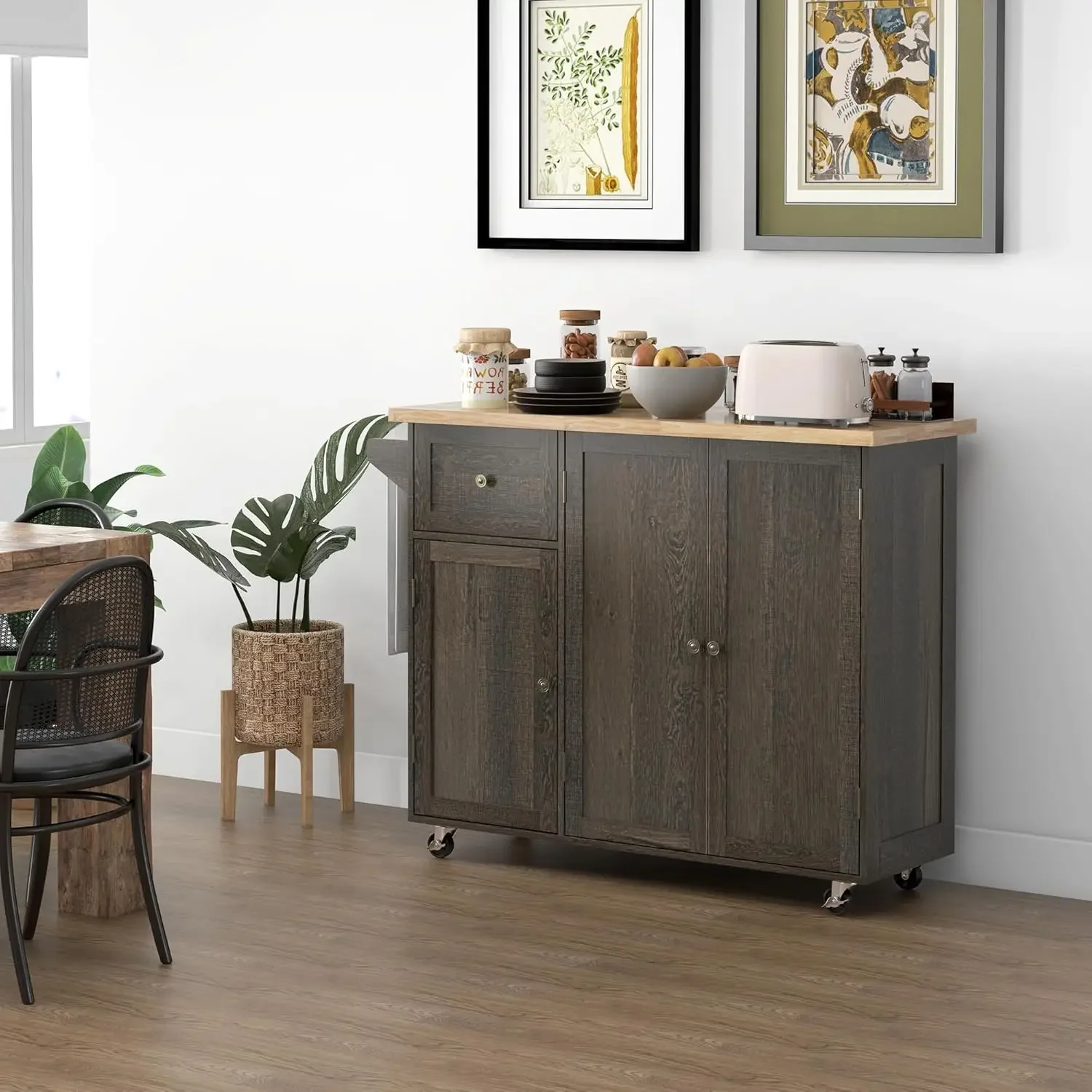 Triple-Cabinet Rolling Kitchen Island on Wheels, Kitchen Cart with Storage Shelf Adjustment, Rolling Utility Cart with Wood Top