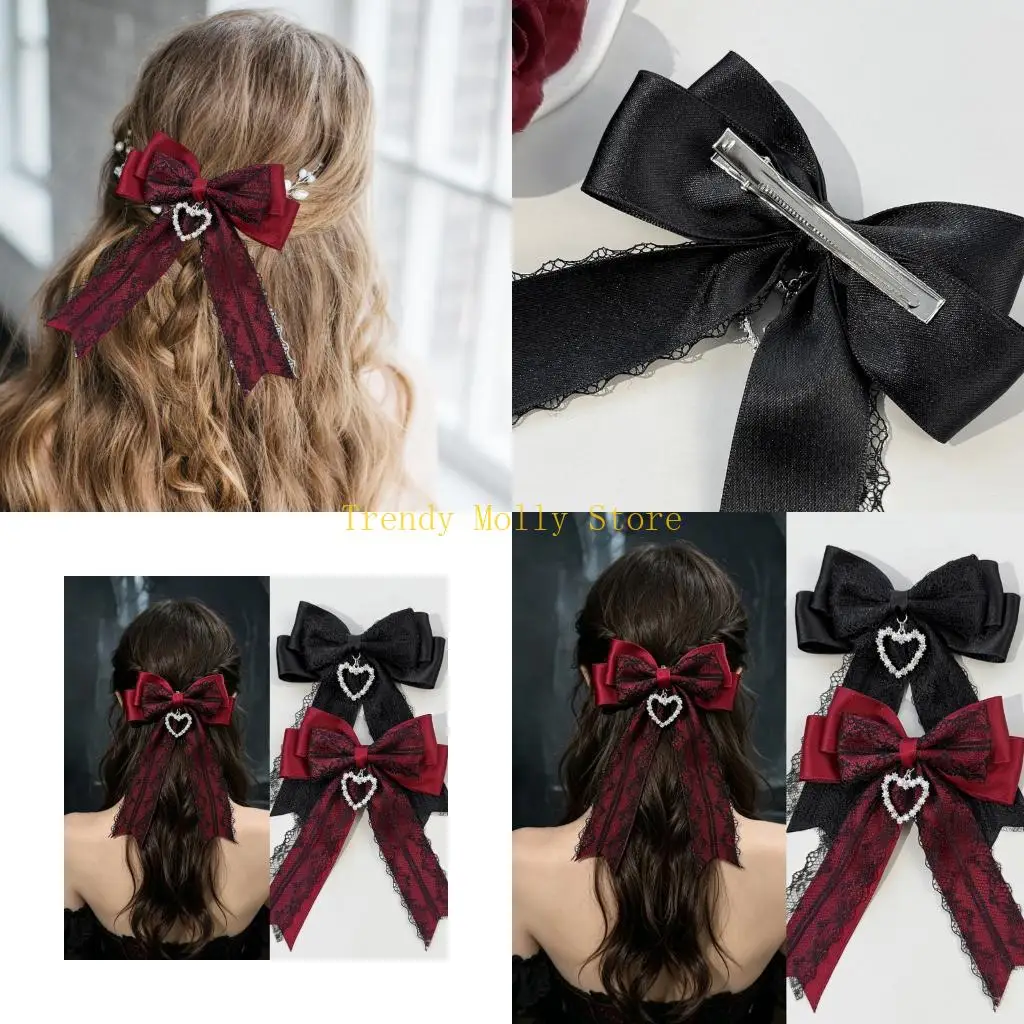 

N5KB Lace Hair Bows Hairpin With Love Heart Charm Pendant Large Bowknot Hair Clip