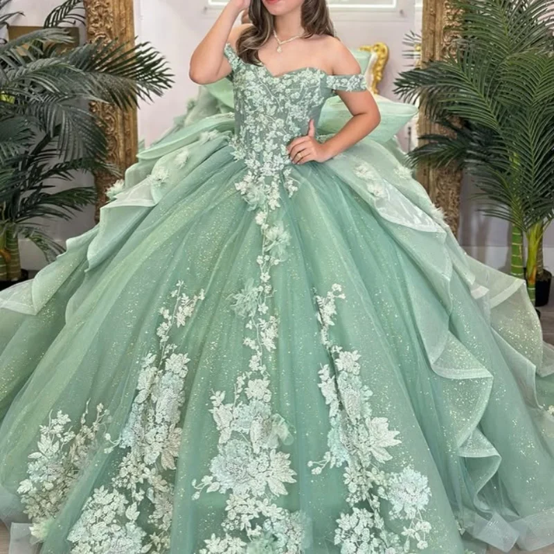 

Shiny mint green Quinceanera Dress off-shoulder crystal Lace glitter 3D flower decal Bow vestidos de 15 Quinceanera ﻿Customized