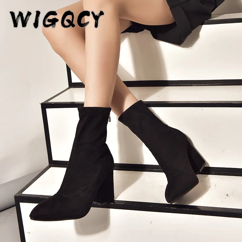 Ankle Boots Autumn Pointed Toe Stretch Knitting Sock Boots High Heels Female Slip on Fashion Zipper Lady Shoes Plus Size 43