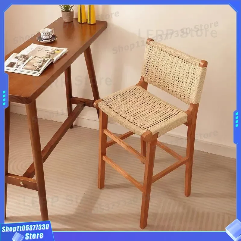Nordic Solid Wood Bar Chair Japanese Style Rope Backrest for Cafe Homestay Restaurant Dining Furniture Modern High Stool